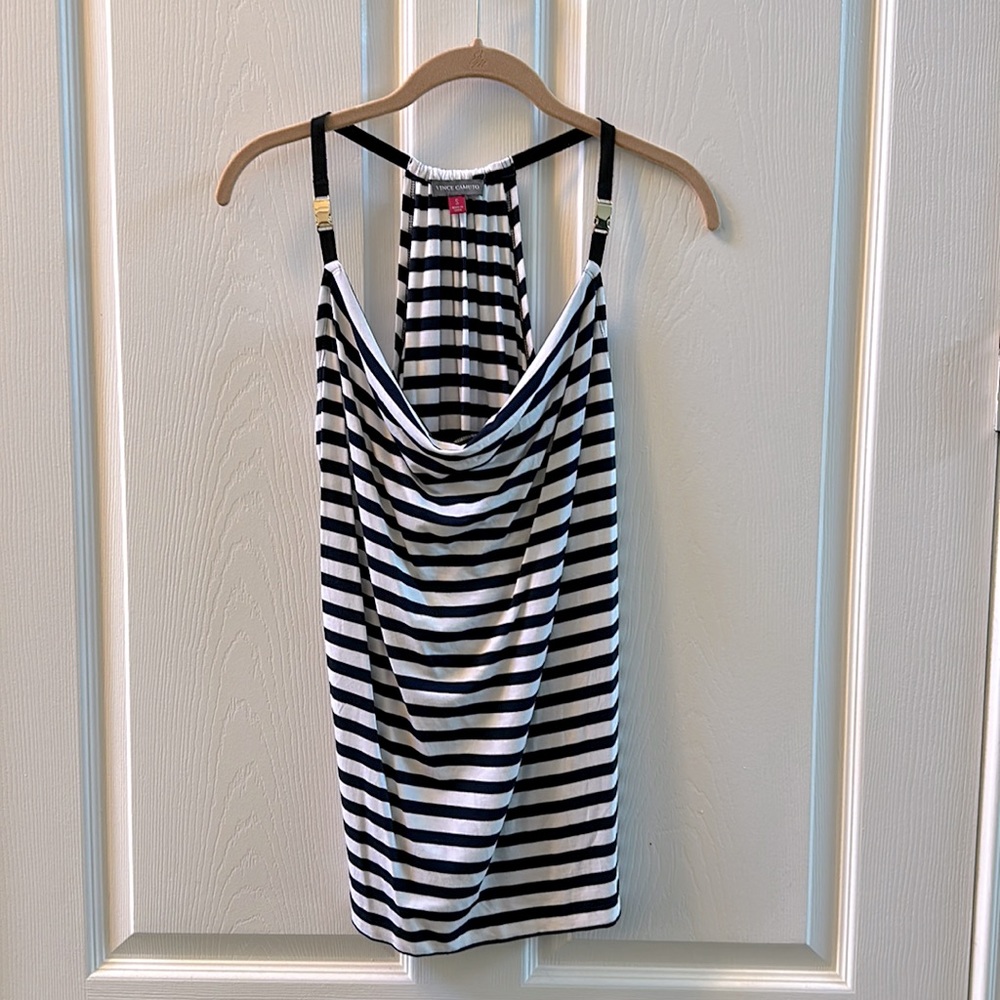 Vince Camuto tank. Racerback, buckle detail on straps, navy/white stripe, size s